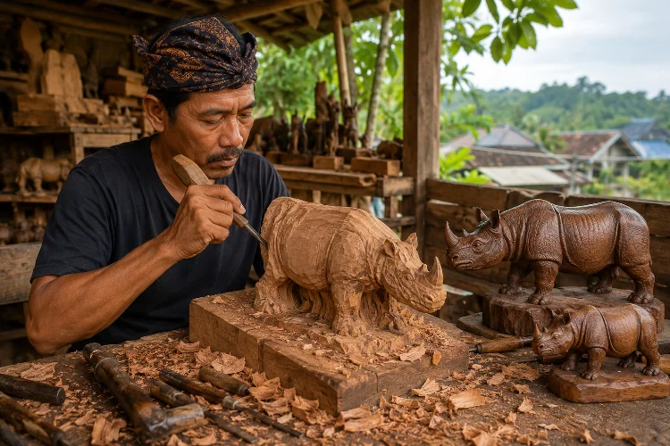 Proses Pembuatan Ukiran Badak Jawa dari Kayu yang Bernilai Seni
